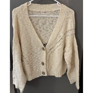 Natural Life Women's L/XL Cotton Cable Knit Cropped Cardigan Sweater Cream EUC